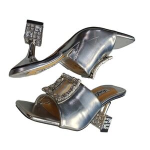 Lady Couture Casino Slide Sandals Womens US Size 5M Silver Jeweled Metallic EUC